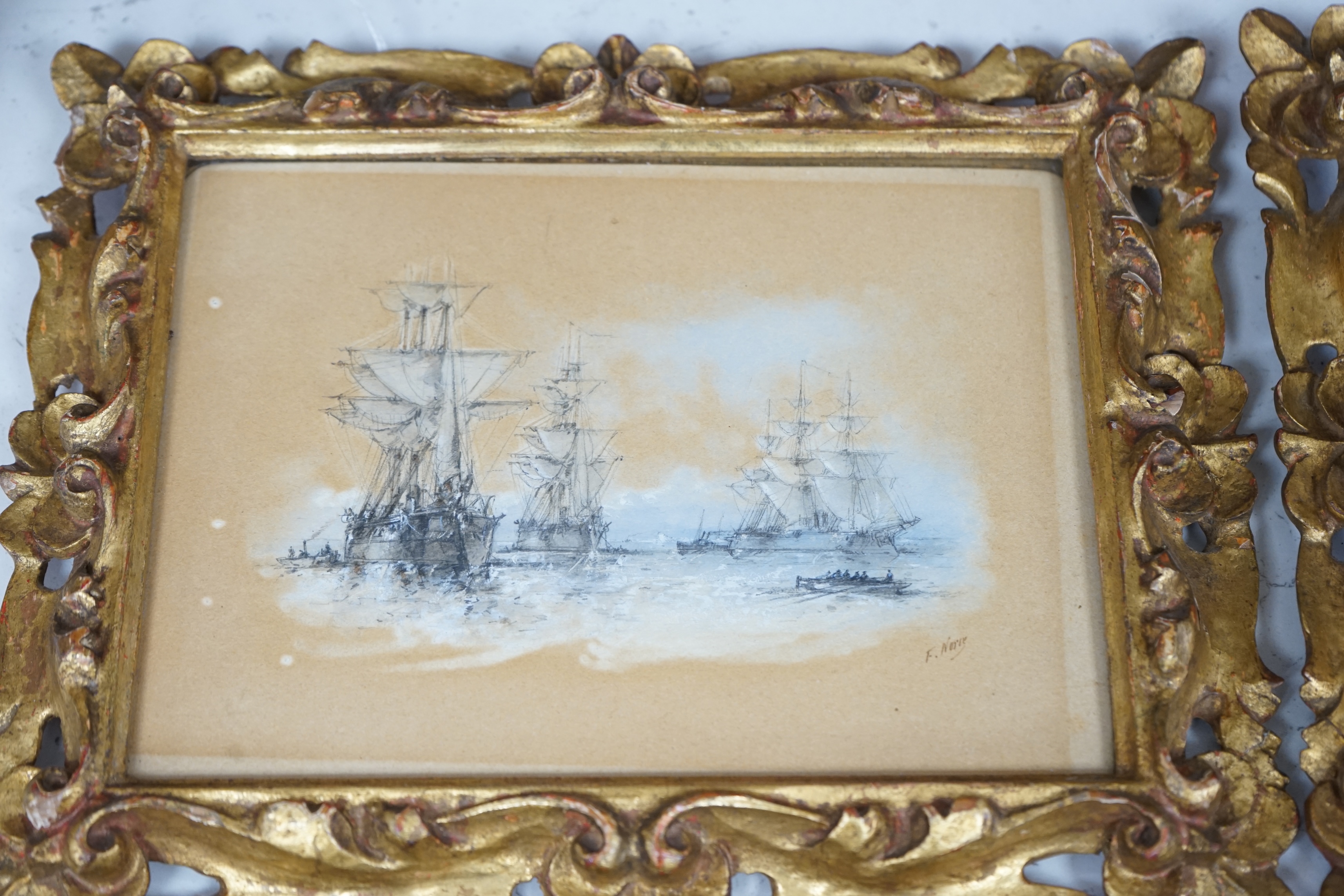 Frank V. Norie (19th century), set of four pastel and mixed medias, Maritime and coastal scenes, each signed, 15 x 19cm, ornate gilt framed. Condition - poor to fair